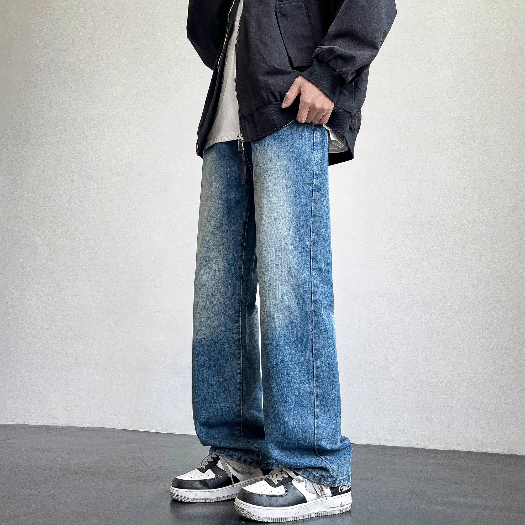 快鱼 复古纯色水洗工艺宽松休闲做旧阔腿直筒牛仔裤 男女同款