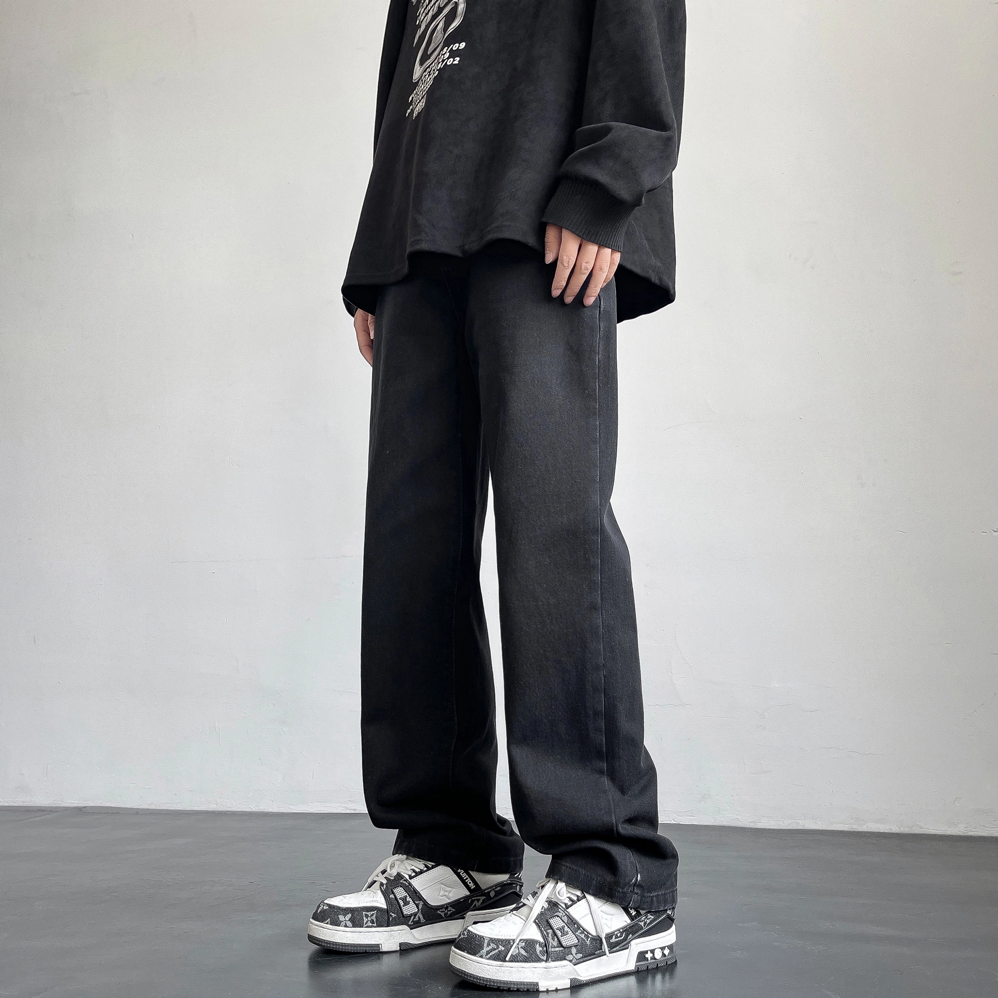 快鱼 复古纯色水洗工艺宽松休闲做旧阔腿直筒牛仔裤 男女同款