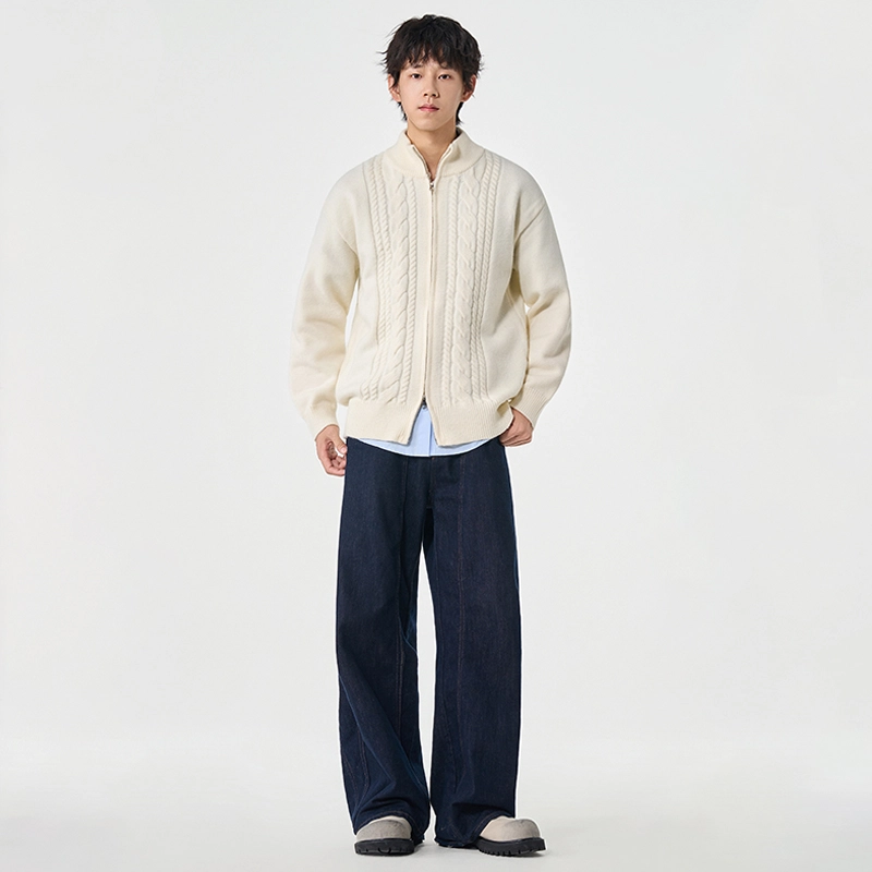 快鱼 北极绒纯色复古简约麻花条纹立领开衫学院风宽松休闲柔软舒适百搭长袖保暖落肩外套针织衫 男女同款