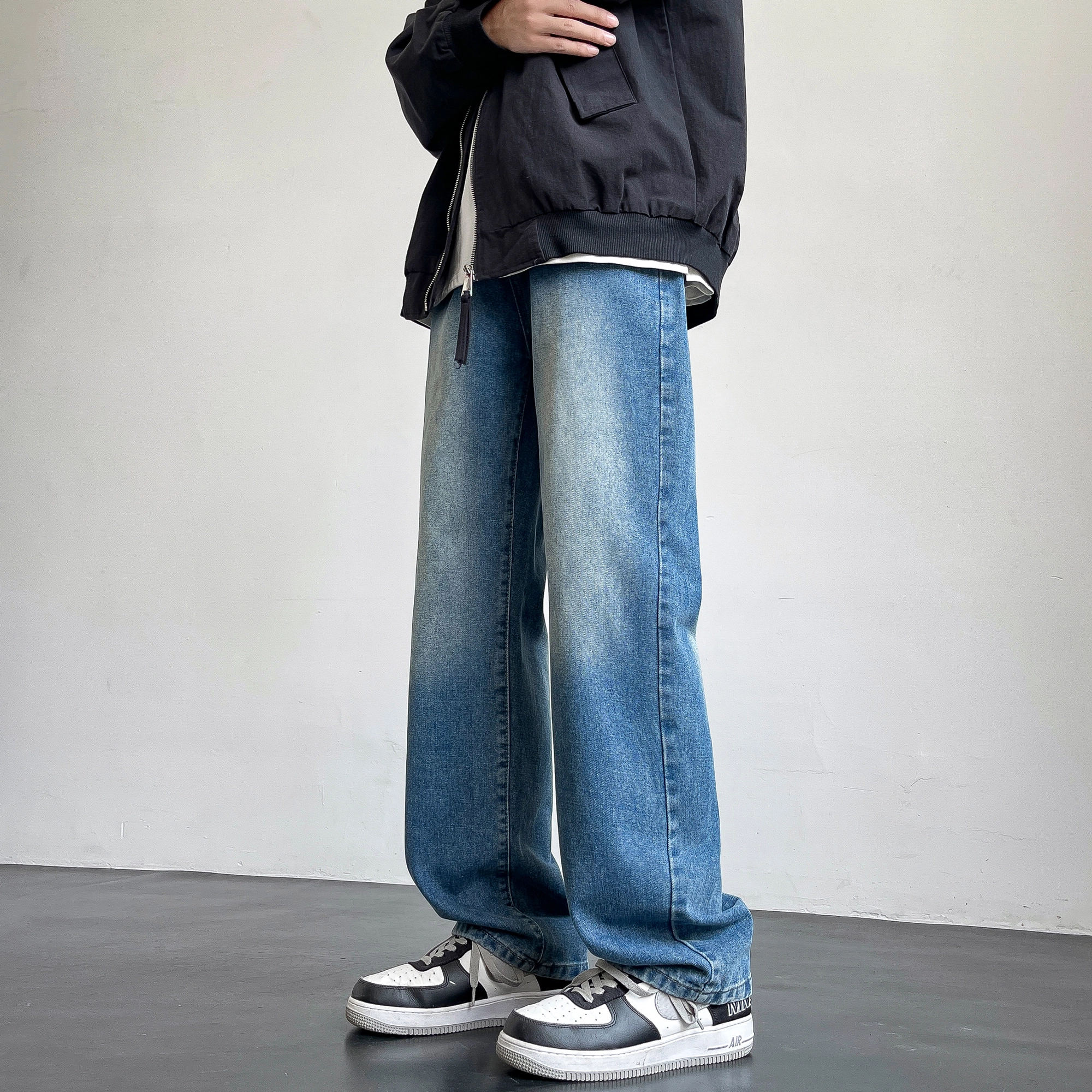 快鱼 复古纯色水洗工艺宽松休闲做旧阔腿直筒牛仔裤 男女同款