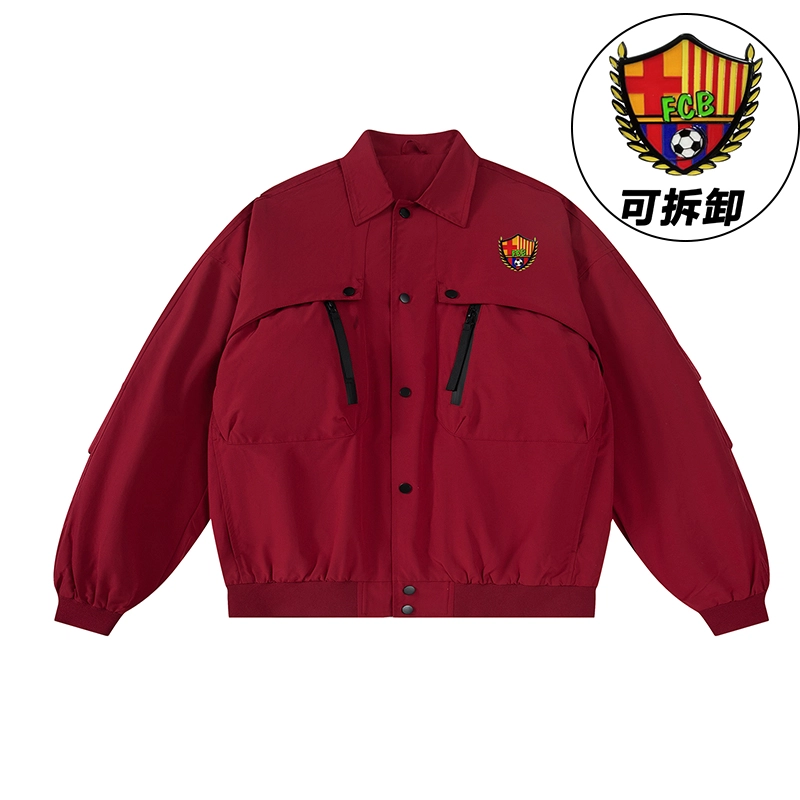 巴塞罗那足球俱乐部 美式复古纯色胸针可拆卸机能风口袋落肩翻领单排扣外套夹克 男女同款