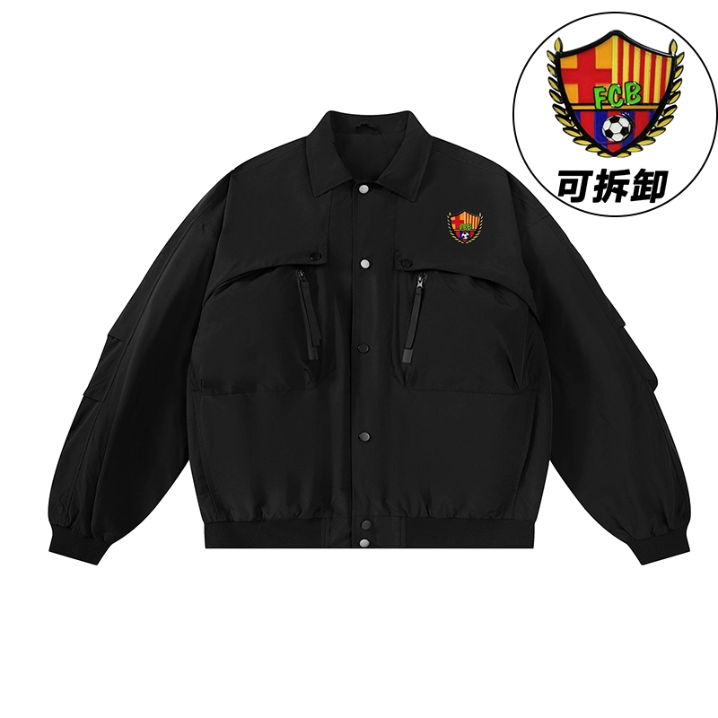 巴塞罗那足球俱乐部 美式复古纯色胸针可拆卸机能风口袋落肩翻领单排扣外套夹克 男女同款