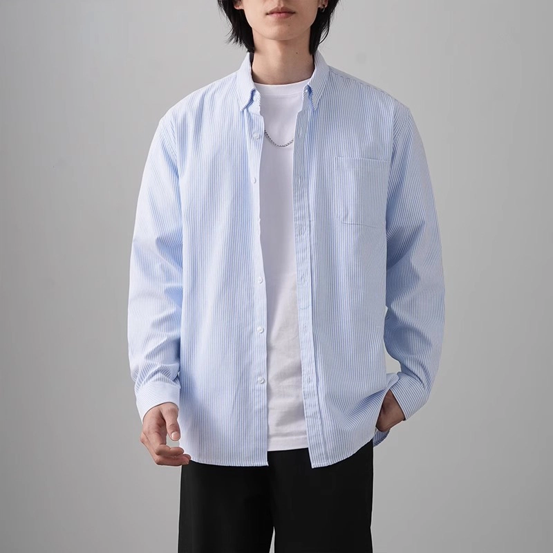 拾个壹先生 美式重磅复古条纹宽松纯棉长袖休闲通勤百搭外套衬衫 男女同款