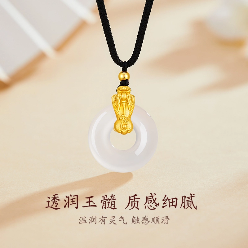 珍·尚银 中国黄金【赐福貔貅】幸运吞金兽新中式平安扣锁骨链纯银 轻奢高级时尚精致百搭 小众好运礼盒女友天然 玉髓 玉石项链 女款