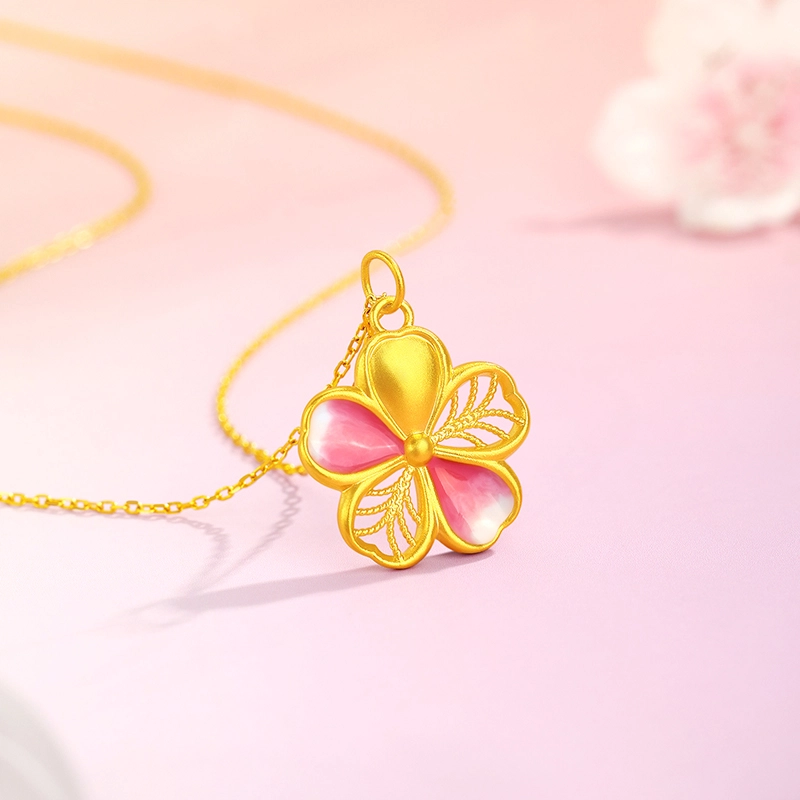 中国黄金 珍·尚银 桃花朵朵 轻奢小众高级感 新中式锁骨链 足金 一口价 吊坠 女款 朋友 闺蜜 表白礼品 新年礼盒