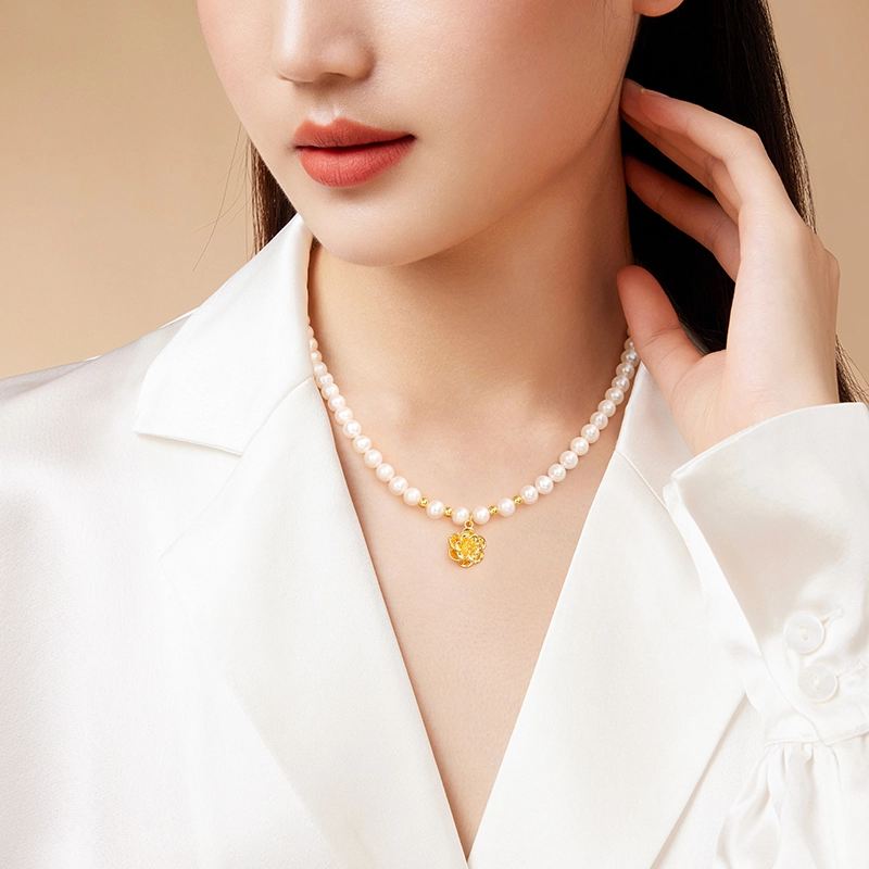 中国黄金 珍·尚银 国潮牡丹花开 富贵小众设计  新中式珍珠锁骨链 足金 一口价 黄金项链 女款 表白礼盒