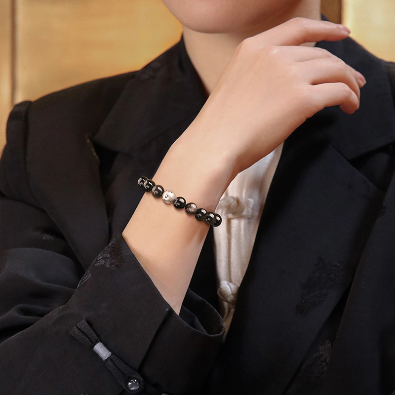 中国黄金 珍·尚银 新中式六字箴言 简约小众设计感轻奢不撞款 男友送礼礼物 黑曜石 玉石手串 男款 礼盒