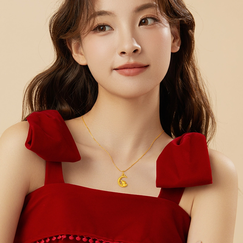 中国黄金 珍·尚银 望月龙吊坠 国潮复古招财转运生肖龙霸气金龙龙行大运锁骨链 足金 一口价 黄金项链 女款 女友表白礼盒