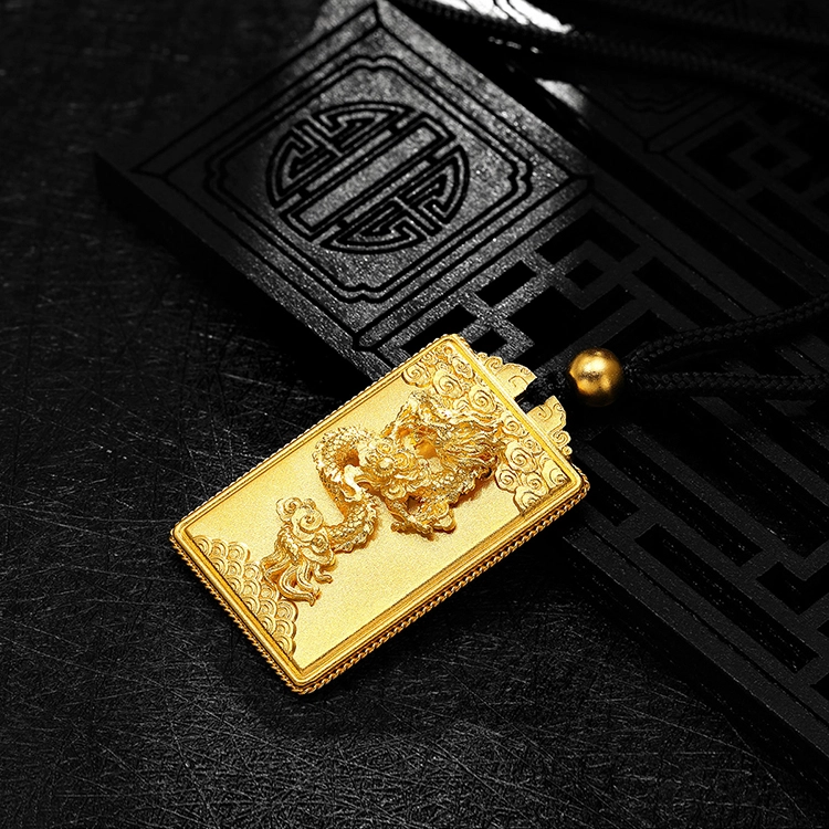 梦金园 黄金项链 祈祥古法无事牌  轻奢小众足金毛衣链首饰 龙腾万里生肖龙挂坠锁骨链  男款 礼物礼盒
