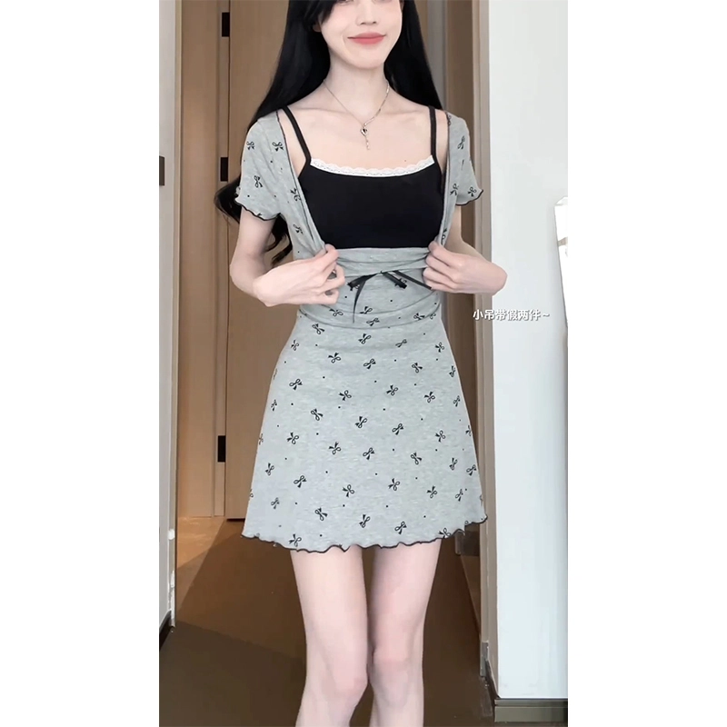 依钗 法式少女感蝴蝶结波点印花收腰显瘦短袖连衣裙 女款