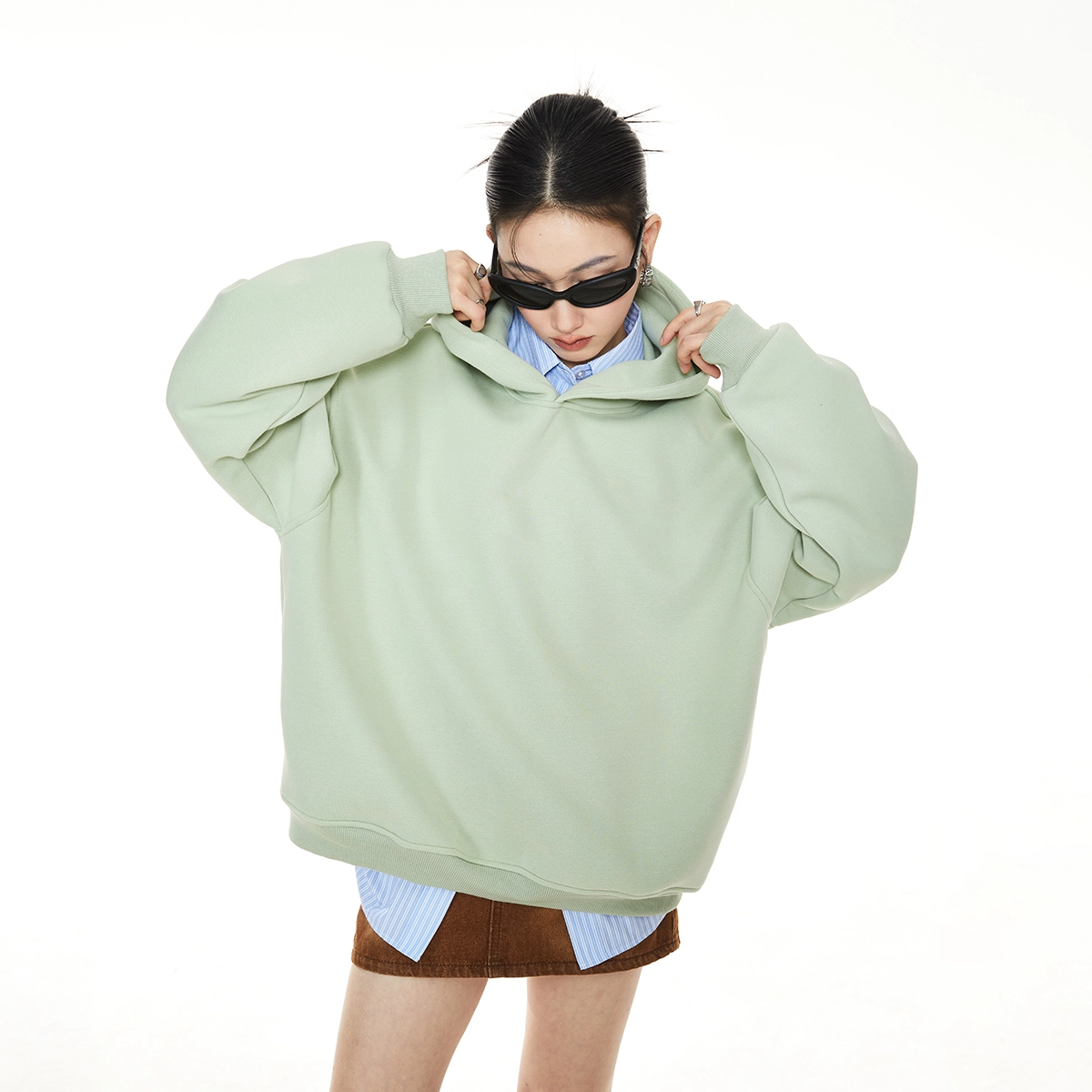 华夏儿女 美式重磅高街潮牌秋季宽松连帽百搭纯色上衣外套卫衣 男女同款