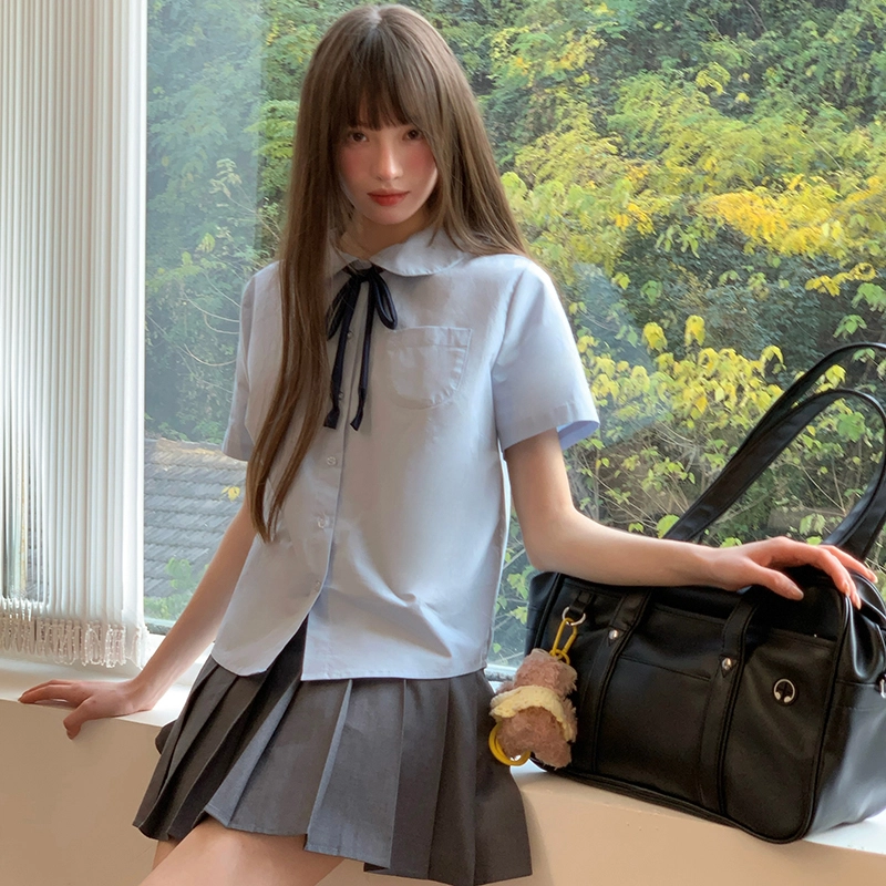 东鲸岁时记 学院风短袖衬衫显瘦百褶裙制服 女款 蓝/灰