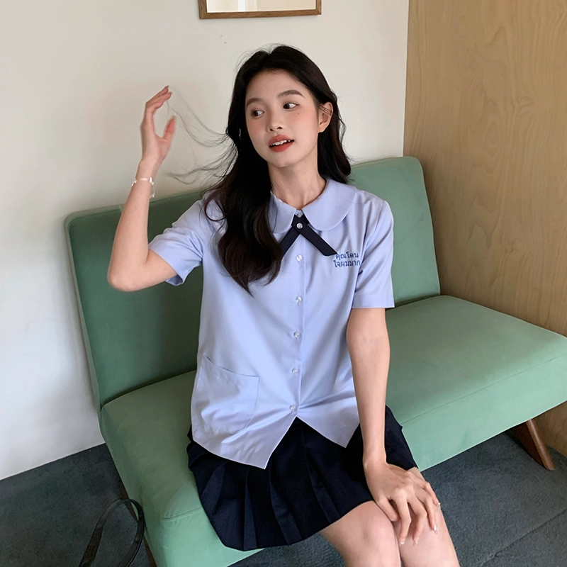 东鲸岁时记 学院设计感短袖泰式校服衬衫 女款 蓝色