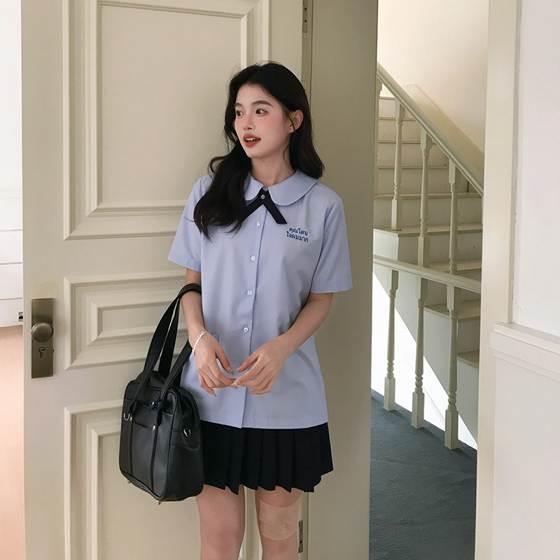 东鲸岁时记 学院设计感短袖泰式校服衬衫 女款 蓝色
