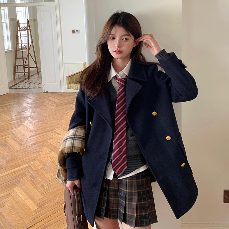 东鲸岁时记 学院风韩系翻领大衣 女款 绀色