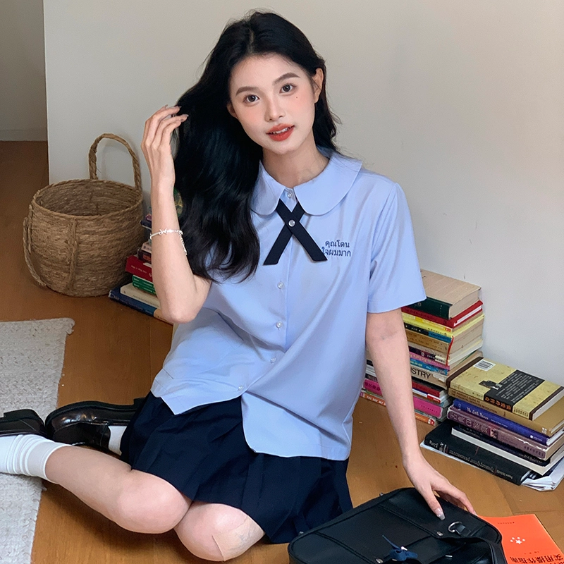 东鲸岁时记 学院设计感短袖泰式校服衬衫 女款 蓝色