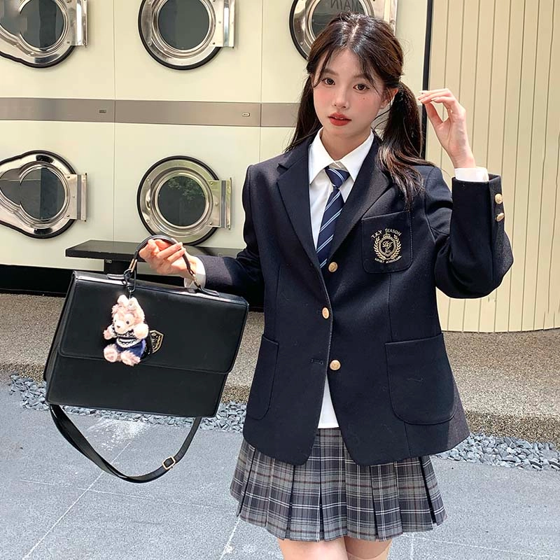 东鲸岁时记 学院风开学季气质上衣舒适中腰合身半裙制服 女款 黑色+灰色