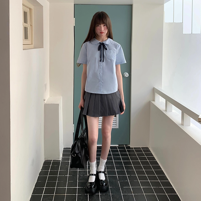 东鲸岁时记 学院风短袖衬衫显瘦百褶裙制服 女款 蓝/灰