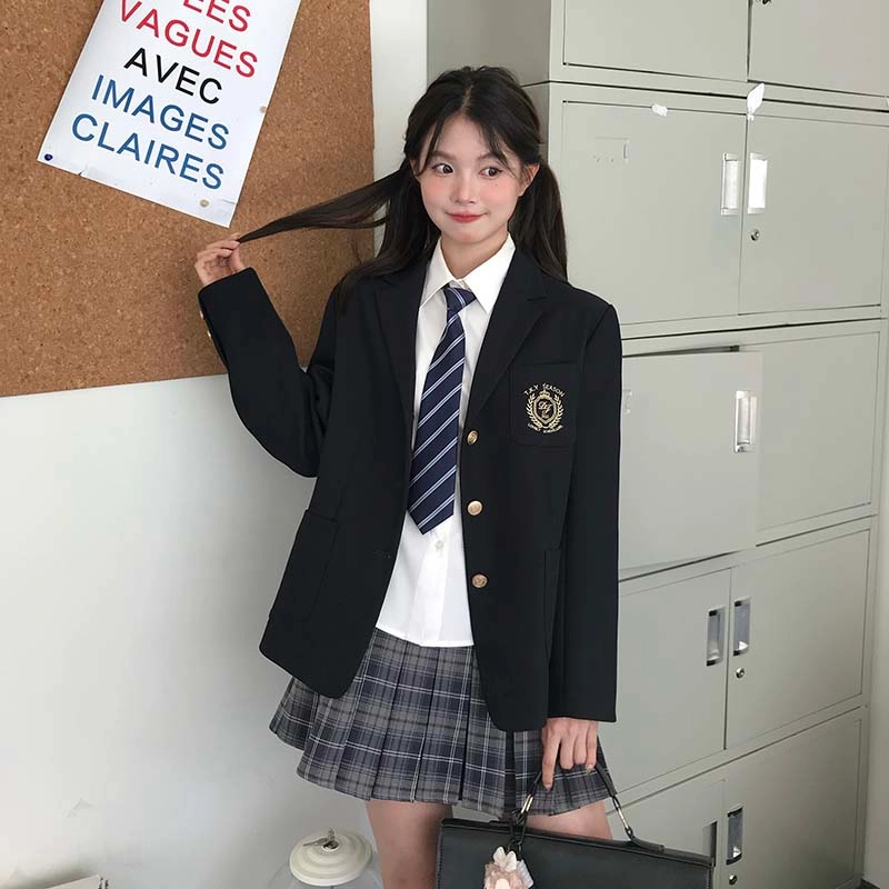 东鲸岁时记 学院风开学季气质上衣舒适中腰合身半裙制服 女款 黑色+灰色