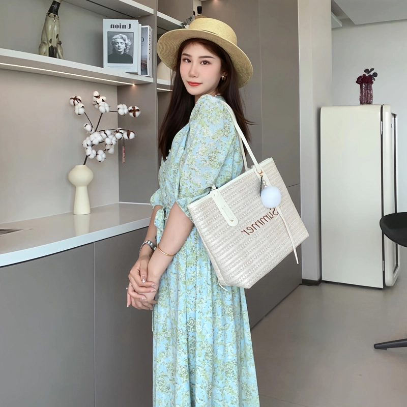 老人头 沙滩时尚休闲编织 织物拼合成革 托特包单肩包 女款 白色