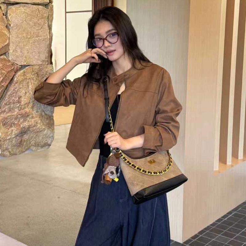 老人头 高级感韩版小众设计美式复古菱格小香风百搭时尚高颜值通勤休闲约会手拎手提腋下包斜挎包女 牛皮拼织物 单肩包 常规 女款 胡桃色