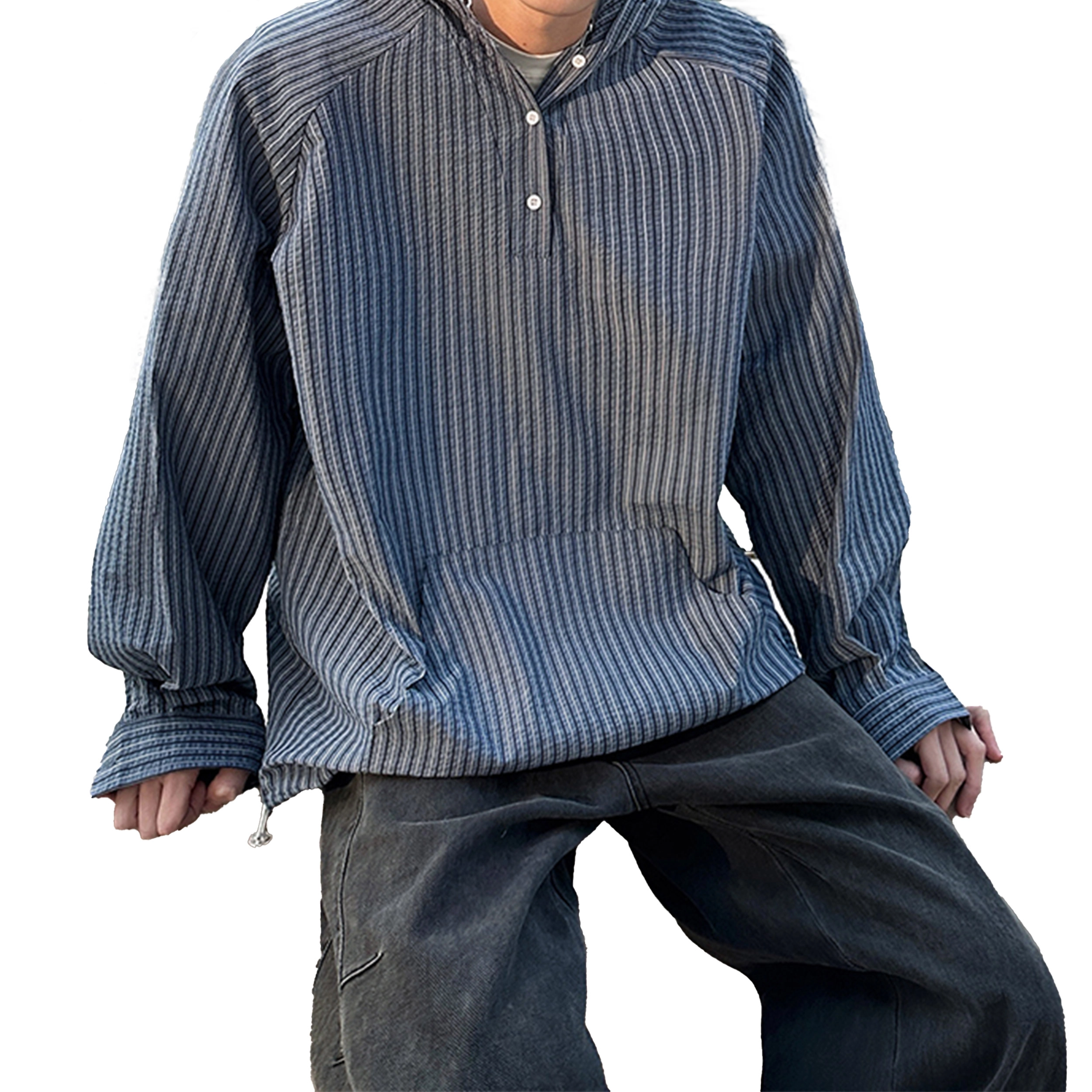 日系复古文艺风简约条纹袋鼠高级感大口袋美式简约时尚潮流通勤多风格宽松连帽百搭长袖衬衫 男女同款