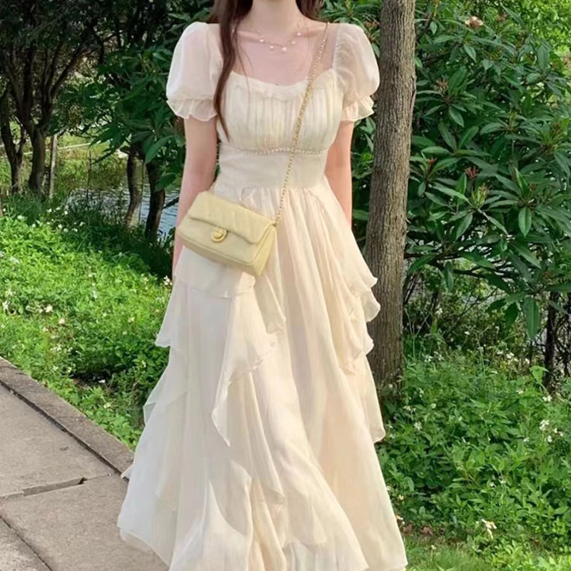 珠蒂美 法式温柔风荷叶边方领收腰长款雪纺森系仙女裙海边约会必备短袖连衣裙 女款
