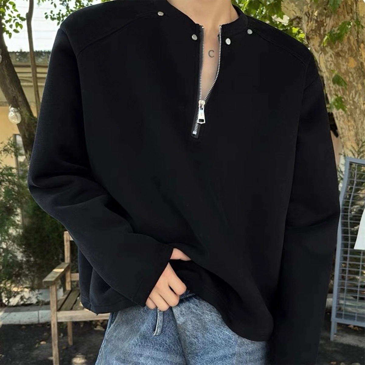 悍戈 美式复古高街半拉链铆钉设计感长袖卫衣 男女同款