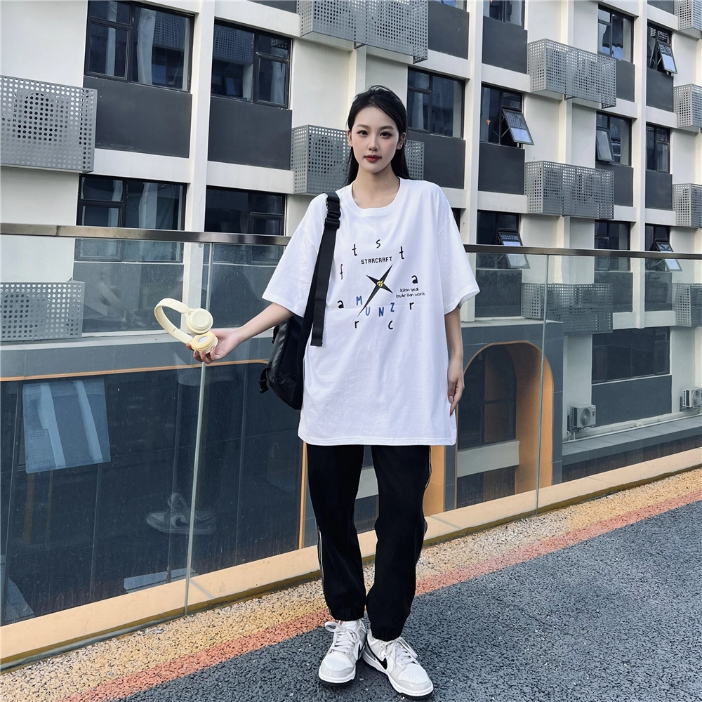 星际者 基础款创意时钟字母印花短袖潮牌中腰系带短裤休闲运动套装 男女同款