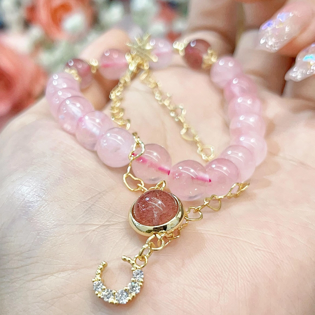 琳琯瑛 校园风 粉色行星 可爱手饰 草莓晶 玉石手串 女款 水晶