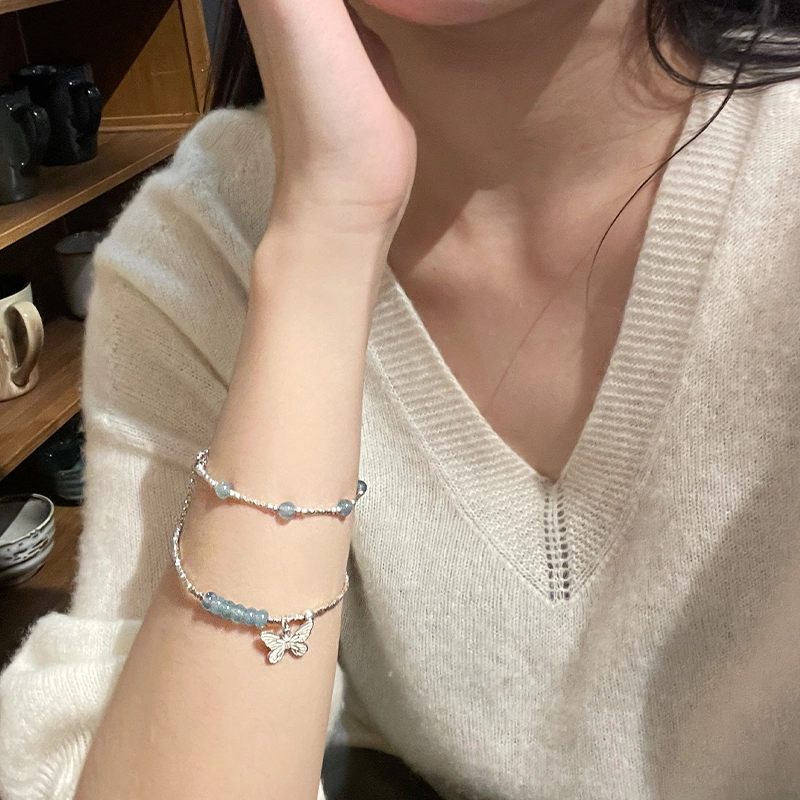 琳琯瑛 新中式国风小众设计高级感轻奢气质碎银好运蝴蝶蓝水危料 糯冰 翡翠手链 女款