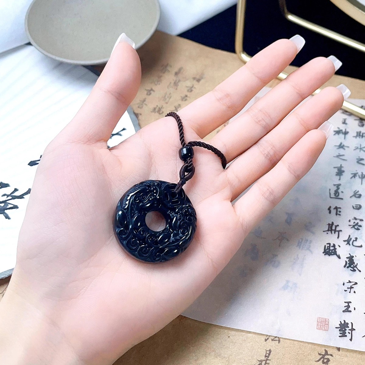琳琯瑛 新中式复古招财双貔貅平安扣 黑曜石 玉石吊坠 男女同款情侣款 黑曜石