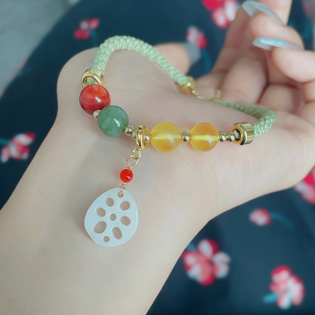 琳琯瑛 校园少女风 佳藕天成编制手绳配和田玉朱砂圆珠 蜜蜡 玉石手链 女款 琥珀蜜蜡