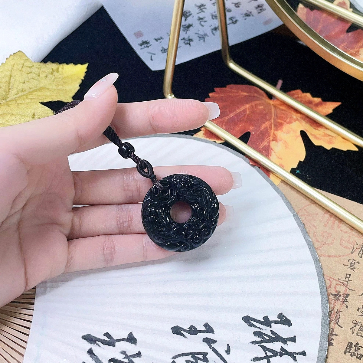 琳琯瑛 新中式复古招财双貔貅平安扣 黑曜石 玉石吊坠 男女同款情侣款 黑曜石