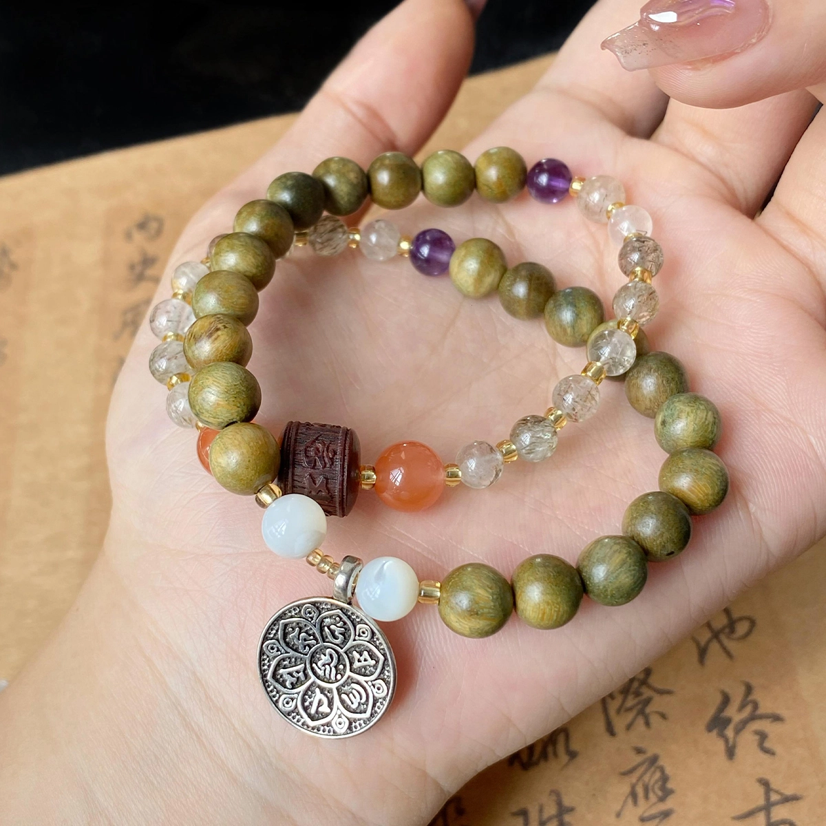 琳琯瑛 新中式国风福在九宫 檀木 木作手串 女款 绿檀