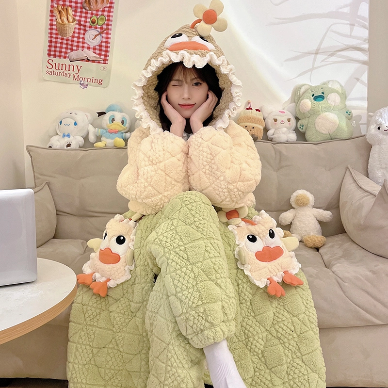 兰缪 加厚保暖舒适长袖长裤家居服睡衣套装 女款 绿色