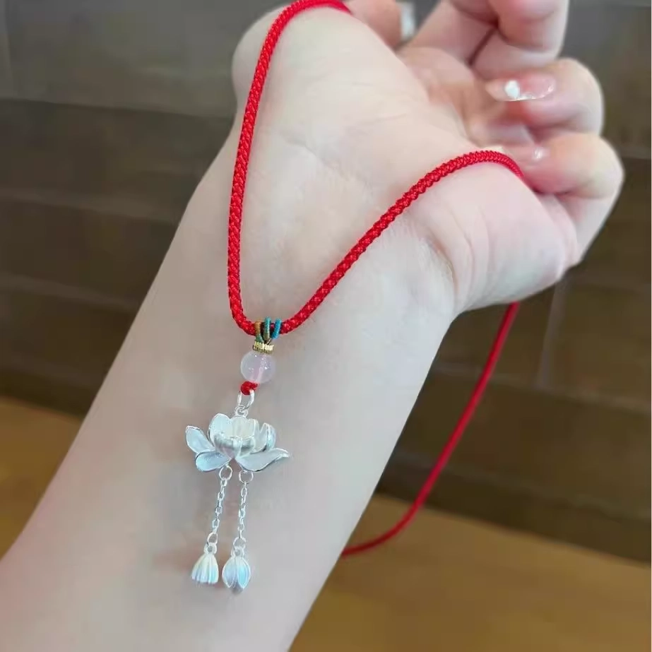 百年传琪 银莲花 古法荷花两世欢小众编织绳 足银 吊坠 男女同款情侣款