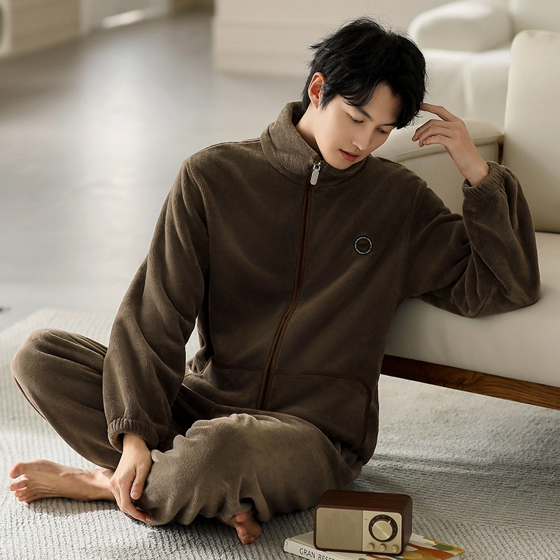 浮光岛屿 简约纯色时尚拉链高级感家居服舒适亲肤保暖可外穿休闲睡衣套装 礼袋款 男款 棕褐色