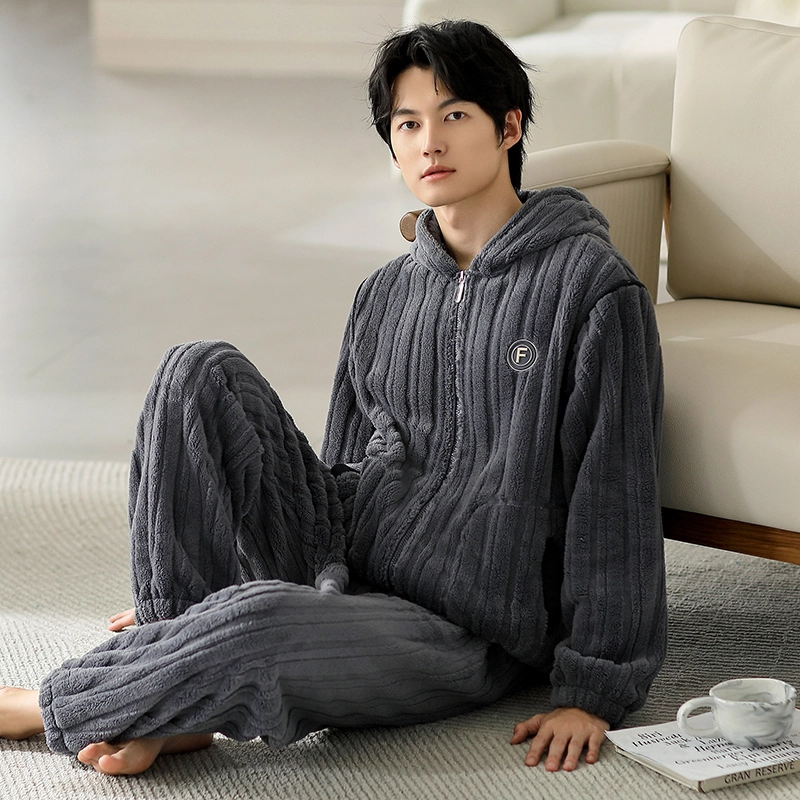 浮光岛屿 简约纯色时尚大气拉链连帽高级感家居服舒适亲肤保暖可外穿休闲睡衣套装 礼袋款 男款 浅蓝色