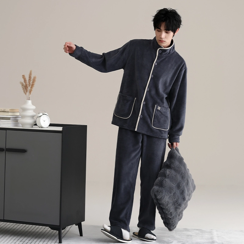 浮光岛屿 珊瑚绒睡衣男秋冬款加绒加厚法兰绒时尚立领开衫简约休闲可外穿家居服 家居套装 男款 深灰色
