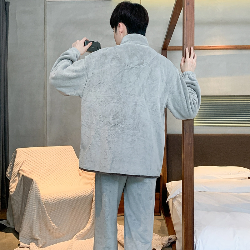 浮光岛屿 珊瑚绒睡衣男秋冬款加厚保暖法兰绒运动休闲拉链开衫可外穿家居服 家居套装 男款 浅灰色