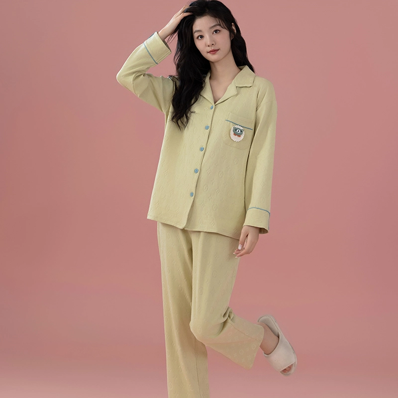 浮光岛屿 简约纯色可爱口袋翻领高级感长袖长裤家居服舒适亲肤透气可外穿休闲睡衣套装 女款 礼盒款 淡黄色