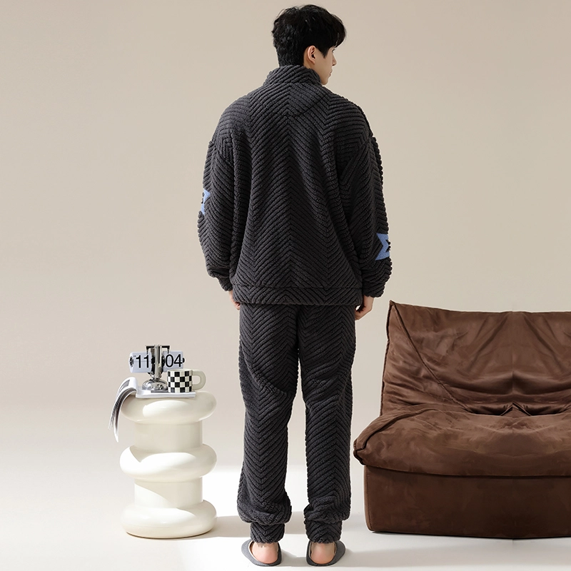 浮光岛屿 珊瑚绒睡衣男秋冬款加厚保暖法兰绒时尚嘻哈星星休闲宽松可外穿家居服 家居套装 男款 碳灰色
