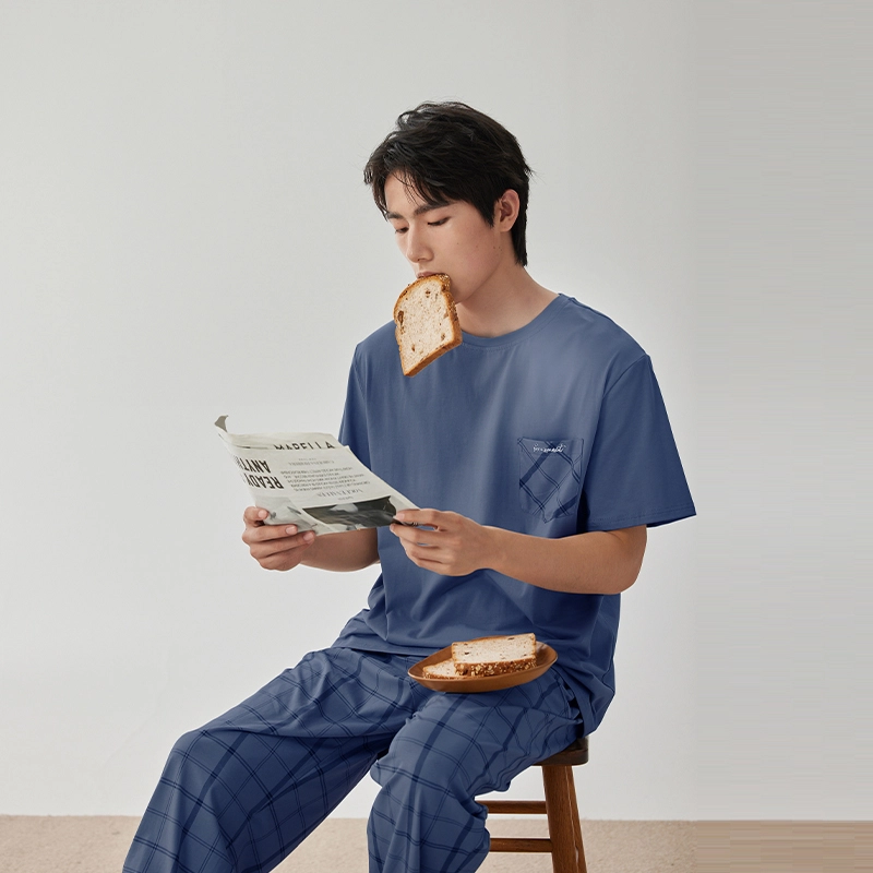 浮光岛屿 礼盒款简约系列 柔软舒适凉感棉格子口袋休闲宽松可外穿短袖长裤睡衣 家居服套装 男款 深蓝色