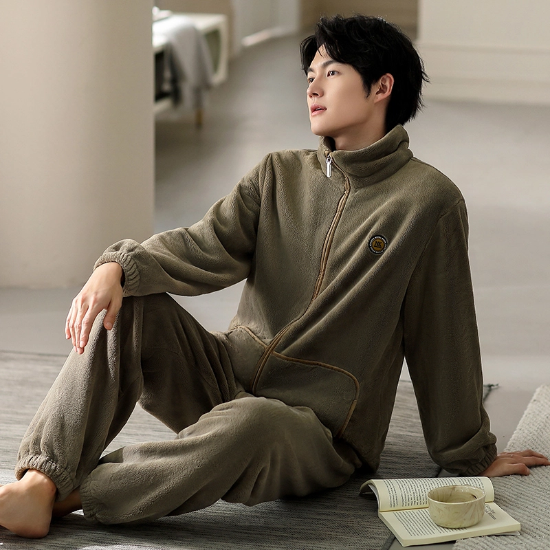 浮光岛屿 简约纯色时尚拉链高级感家居服舒适亲肤保暖可外穿休闲秋冬款睡衣套装 礼袋款 男款 浅黄色