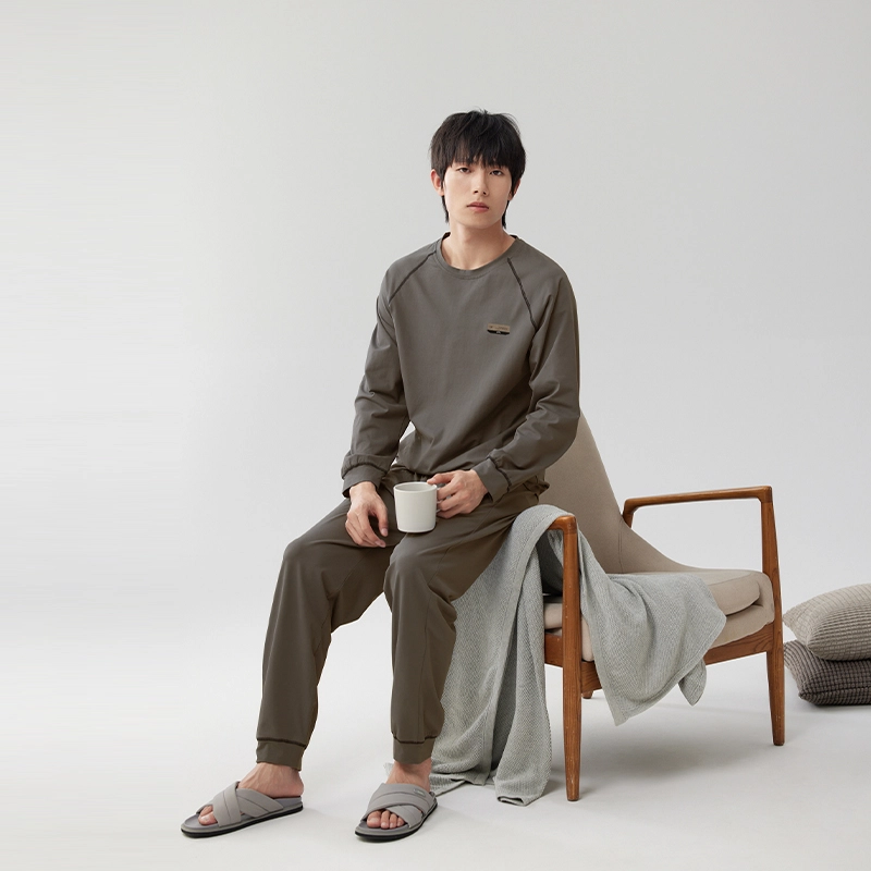 浮光岛屿 礼盒款 美拉德时尚纯棉圆领休闲宽松舒适可外穿长袖睡衣 家居服套装 男款 棕绿色