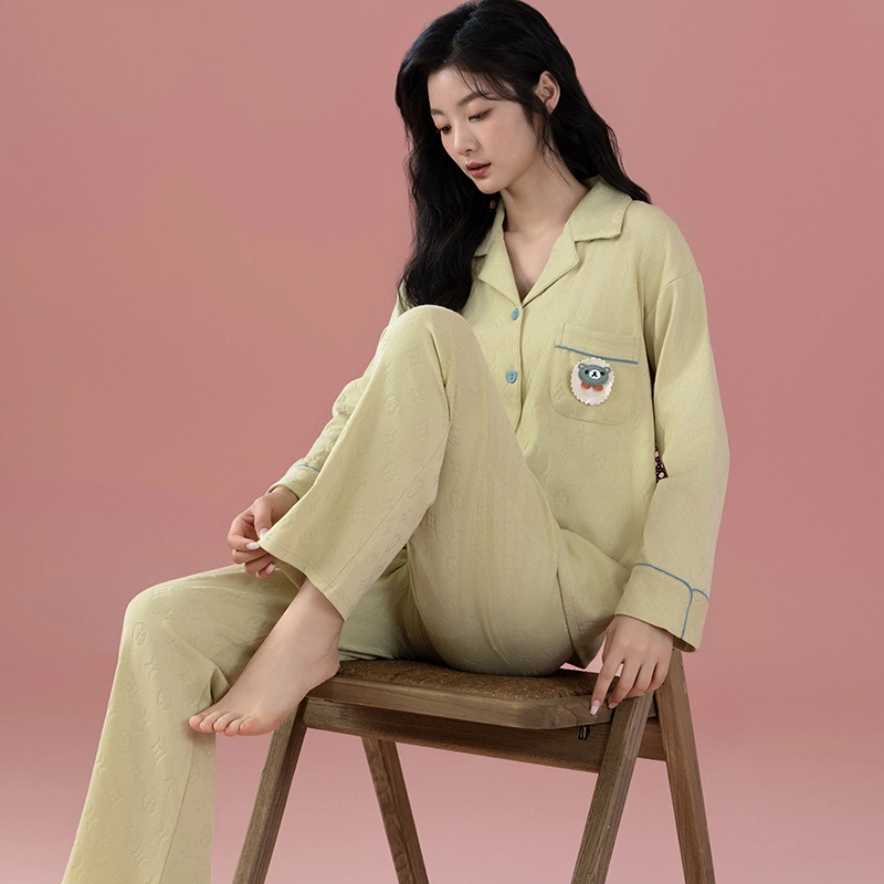 浮光岛屿 简约纯色可爱口袋翻领高级感长袖长裤家居服舒适亲肤透气可外穿休闲睡衣套装 女款 礼盒款 淡黄色