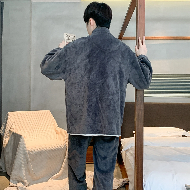 浮光岛屿 珊瑚绒睡衣男秋冬款加厚保暖法兰绒休闲简约拉链开衫可外穿家居服 家居套装 男款 灰咖色