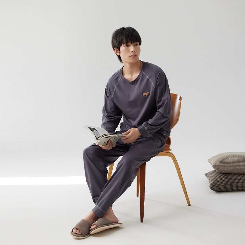 浮光岛屿 礼盒款 时尚简约纯棉圆领休闲宽松舒适可外穿长袖睡衣 家居服套装 男款 黑色