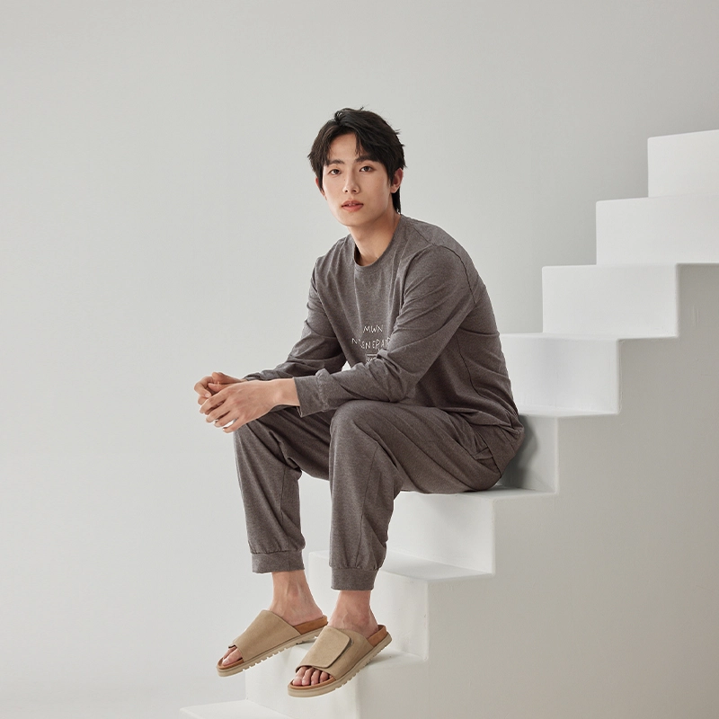 浮光岛屿 礼盒款 柔软舒适纯棉时尚美拉德风圆领简约宽松可外穿长袖睡衣 家居服套装 男款 棕色